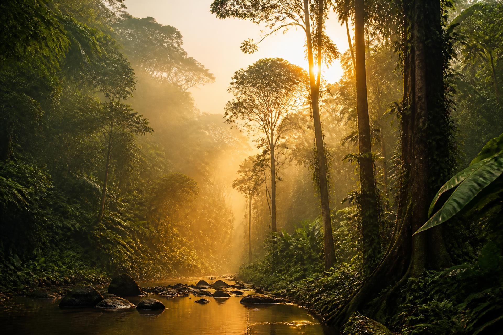 Floresta ao amanhecer com luz dourada entre as árvores